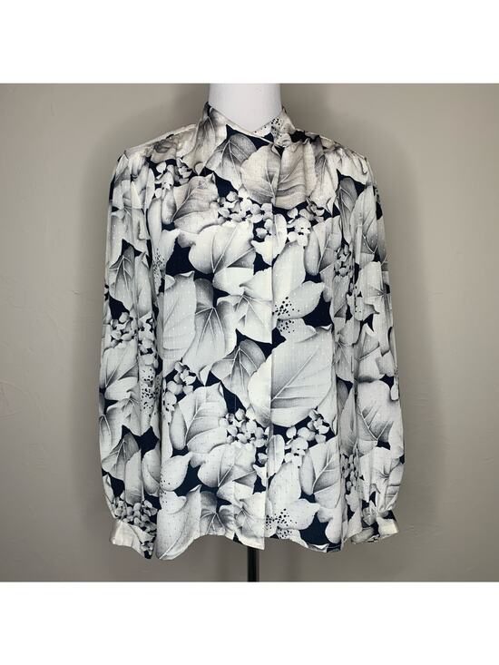 Vintage Tops - Vintage Black White Floral Blouse Sz Medium